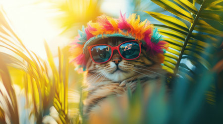 A quirky cat wearing a colorful tropical hat and sunglasses, its blurred face surrounded by vibrant palm leaves under a bright sunの素材