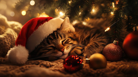 A cozy Christmas scene featuring a cat in a Santa hat lying under a tree, exuding warmth and holiday cheerの素材