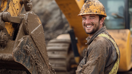 A muddy construction worker with a helmet and a bright smile stands next to a heavy-duty excavator, capturing the essence of hands-on laborの素材