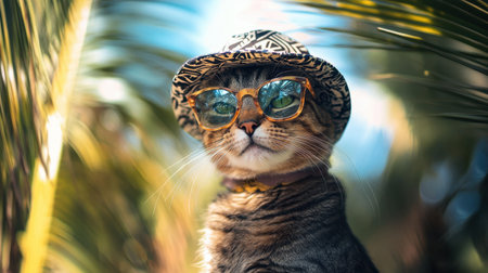 A dreamy shot of a cat with a tropical vibe, adorned with a patterned hat and glasses, amidst gently blurred palm treesの素材