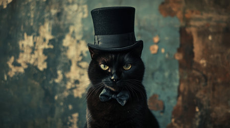 A black cat with a top hat stands confidently against a vintage background, its piercing gaze adding charisma and a touch of whimsyの素材