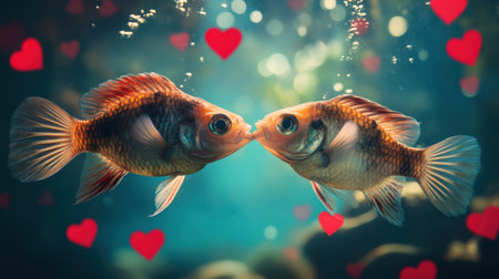 A romantic underwater moment where two fish touch noses, framed by vibrant red hearts, capturing a serene rhythm of affection and natureの素材