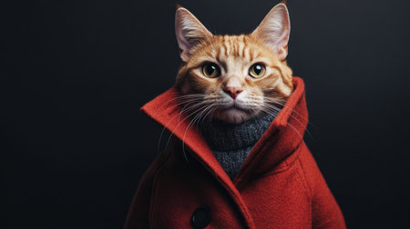A fashionable ginger cat in a red coat, its face hidden by an abstract square design against a simple dark backdropの素材