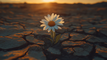 White daisy sprouts from parched soil, symbolizing new beginnings and hope amid struggle; renewal conceptの素材