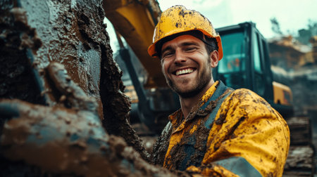 A jovial construction worker in safety gear poses by a mud-splattered excavator, embodying resilience and pride in laborの素材