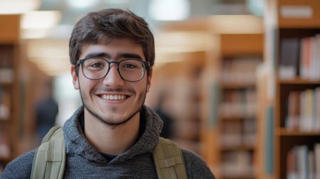 A male student with glasses and a backpack smiles broadly in a vibrant library setting, symbolizing a passion for learningの素材