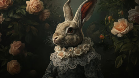 A rabbit dressed in an intricate lace collar gazes serenely, framed by blooming roses and greenery, creating a vintage, tranquil atmosphereの素材