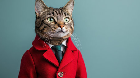 A proud tabby cat dressed in a tailored red jacket, positioned against a minimalist background for a stately vibeの素材