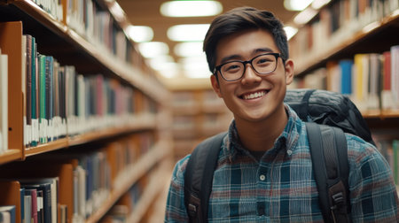 A cheerful male student wearing glasses and a backpack smiles while standing in a library aisle surrounded by shelves of booksの素材