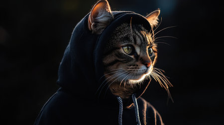 A contemplative tabby cat wearing a black hoodie, silhouetted dramatically under soft light against a dark backgroundの素材