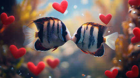 A romantic underwater moment where two fish touch noses, framed by vibrant red hearts, capturing a serene rhythm of affection and natureの素材