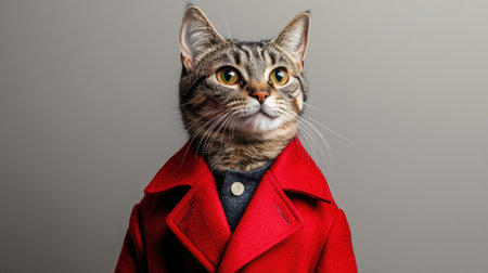A proud tabby cat dressed in a tailored red jacket, positioned against a minimalist background for a stately vibeの素材