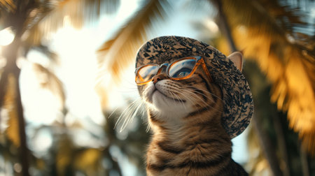 A dreamy shot of a cat with a tropical vibe, adorned with a patterned hat and glasses, amidst gently blurred palm treesの素材