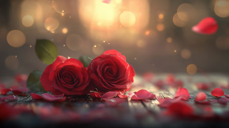 A romantic scene of two vibrant red roses resting amidst scattered petals on wood, with a blurred bokeh background enhancing their beautyの素材