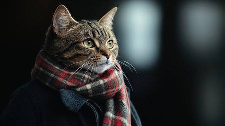 A reflective tabby cat wrapped in a tartan scarf and dark jacket, gazing somberly to the side with dramatic lightingの素材