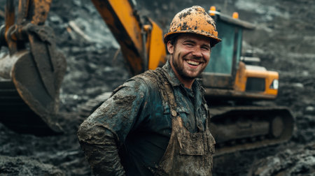 A muddy construction worker with a wide grin stands confidently in front of an excavator at a dynamic worksiteの素材