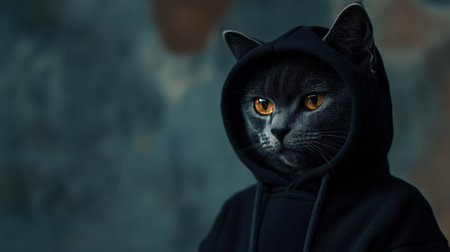 Intense portrait of a cat in a sleek black hoodie, its sharp eyes gazing forward against a dimly lit backdropの素材
