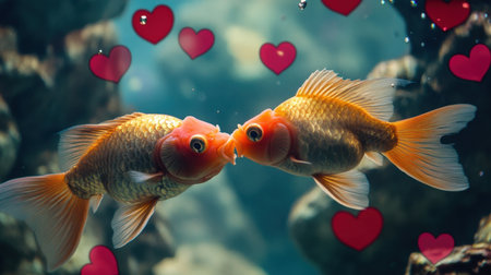 A romantic underwater moment where two fish touch noses, framed by vibrant red hearts, capturing a serene rhythm of affection and natureの素材