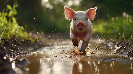 Pink piglet running through muddy puddle, splashing water and looking straight at cameraの素材