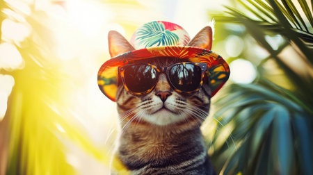 A quirky cat wearing a colorful tropical hat and sunglasses, its blurred face surrounded by vibrant palm leaves under a bright sunの素材