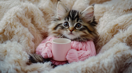 A fluffy kitten wearing a pink outfit, holding a small mug while sitting on a soft blanket, radiating cozinessの素材
