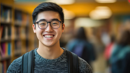 A male student with glasses and a backpack smiles broadly in a vibrant library setting, symbolizing a passion for learningの素材