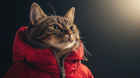 Close-up of a majestic cat in a red winter jacket, exuding confidence and style under a soft spotlightの素材