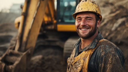 A smiling construction worker with a mud-splattered uniform stands in front of an excavator, showcasing grit and determinationの素材