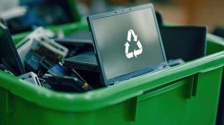 A pile of laptops in a green recycling bin, with a clear recycling logo in focus, highlighting the importance of e-waste recyclingの素材