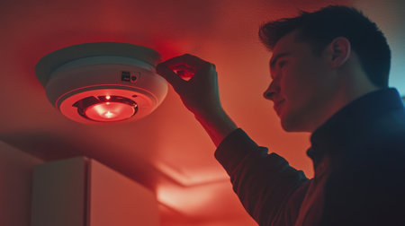 Close-up of a technician securely testing a new smoke alarm system, highlighting professional precision and home safety measuresの素材