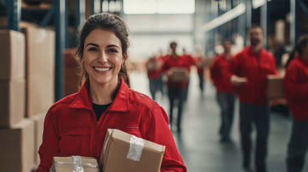A warehouse scene with a smiling woman in a red uniform leading her team, holding packages, and symbolizing efficient logistics and camaraderieの素材