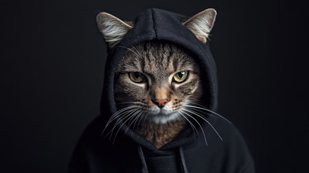 Serious cat in a black hoodie, its piercing gaze highlighted under dramatic studio lighting on a minimalist black backdropの素材