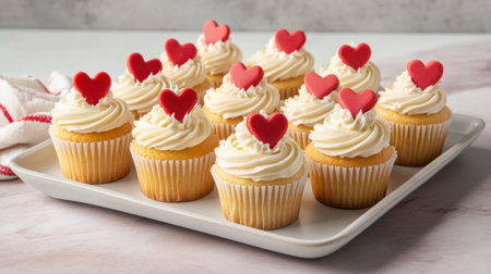 A tray of vanilla cupcakes adorned with fluffy frosting and heart-shaped toppers radiates sweetness and joy for special occasionsの素材