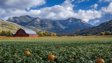 A vivid pumpkin patch surrounded by lush greeneryの素材