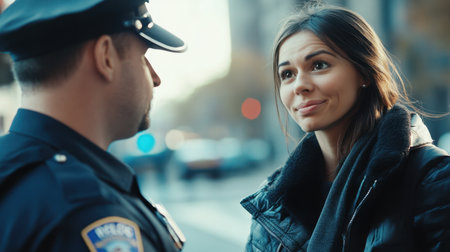 A woman and a police officer in a calm discussion, framed by an urban backdrop, symbolizing trust and communication in public safetyの素材
