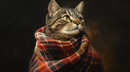 Portrait of a reflective feline wrapped in a tartan scarf and dark coat, exuding human-like emotions and eleganceの素材