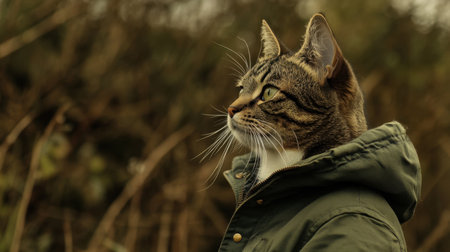 A thoughtful tabby cat in a green jacket, gazing away in a peaceful outdoor setting with muted natural tonesの素材