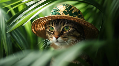 Artistic capture of a relaxed cat in a straw hat with tropical motifs, its face softly blurred among lush green palm frondsの素材