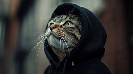 Pensive feline wearing a black hoodie, its solemn expression exuding mystery and depth against a dark urban backdropの素材