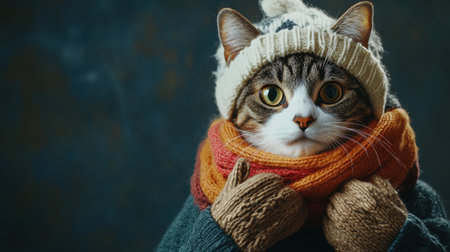 A whimsical cat in a full winter outfit, including gloves and a scarf, exuding charm against a dark studio backdropの素材