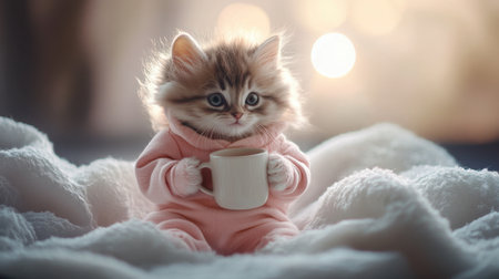 Playful kitten in a pink onesie, gripping a tiny mug, captured in a warm, inviting scene with soft tonesの素材