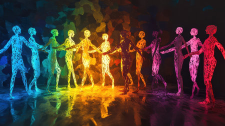 Brightly colored paper human cutouts joined in a chain under glowing light, celebrating the essence of togetherness and harmonyの素材