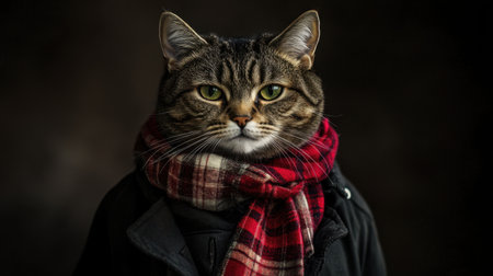 Close-up of a solemn cat dressed in a dark jacket and red tartan scarf, creating an emotional and moody atmosphereの素材