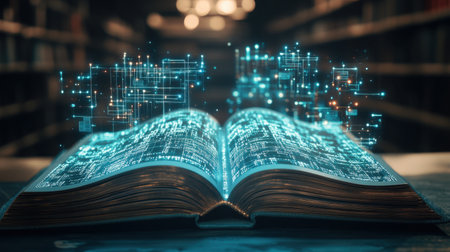 An open glowing book emitting circuit-like light beams, showcasing the harmony of technology and literary knowledge in a creative settingの素材