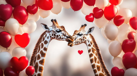 Giraffes share a loving touch, framed by red and white heart balloons, creating a whimsical scene of connection and affectionの素材