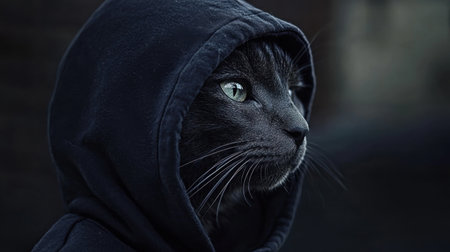 Pensive feline wearing a black hoodie, its solemn expression exuding mystery and depth against a dark urban backdropの素材