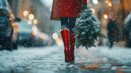 A striking figure in red high-heeled boots carries a small snow-dusted Christmas tree along a snowy street, embodying festive chic and winter charmの素材