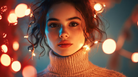 A woman in a cozy turtleneck sweater glows with poise, framed by vibrant string lights, embodying artistic charm and effortless eleganceの素材
