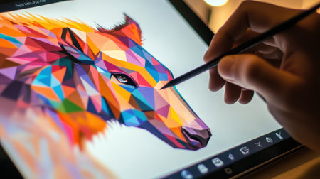 Close-up of a designer crafting a geometric animal illustration on a tablet, the vibrant colors and polygons highlighting artistic innovationの素材