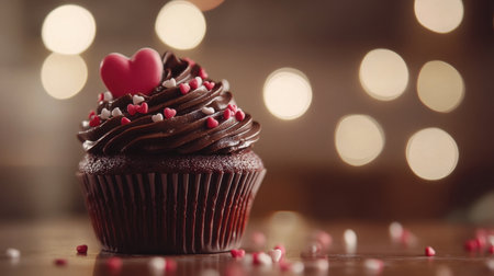 Against a warm backdrop, a chocolate cupcake with velvety frosting and heart-shaped sprinkles highlights sweetness and romantic celebrationの素材